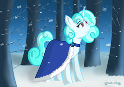 Size: 1280x906 | Tagged: safe, artist:tenderrain-art, derpibooru import, oc, oc only, oc:snow star, pony, unicorn, clothes, female, forest, mare, snow, solo