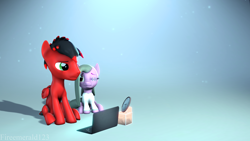 Size: 3840x2160 | Tagged: safe, artist:fireemerald123, derpibooru import, oc, oc:diane, oc:page feather, pegasus, 3d, clock, computer, female, filly, foal, gradient background, laptop computer, source filmmaker