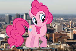 Size: 1024x683 | Tagged: safe, artist:moongazeponies, artist:thegiantponyfan, derpibooru import, pinkie pie, earth pony, pony, alabama, birmingham, female, giant pinkie pie, giant pony, giant/macro earth pony, giantess, highrise ponies, irl, macro, mare, mega giant, photo, ponies in real life