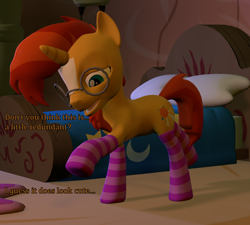 Size: 1200x1080 | Tagged: safe, artist:meteor_mirage, derpibooru import, sunburst, pony, unicorn, 3d, bed, bedroom, clothes, confused, glasses, missing accessory, socks, solo, source filmmaker, striped socks, sunburst's glasses, text