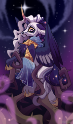 Size: 1751x2967 | Tagged: safe, artist:gkolae, derpibooru import, oc, oc only, alicorn, pony, alicorn oc, clothes, cloven hooves, horn, night, solo, stars, unshorn fetlocks, wings