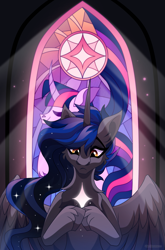 Size: 1939x2946 | Tagged: safe, artist:gkolae, derpibooru import, twilight sparkle, oc, alicorn, pony, alicorn oc, duo, ethereal mane, female, horn, mare, stained glass, starry mane, unshorn fetlocks, wings