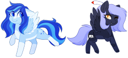 Size: 3000x1370 | Tagged: safe, artist:purplegrim40, derpibooru import, oc, oc only, pegasus, pony, coat markings, duo, ears, female, floppy ears, mare, one eye closed, pegasus oc, simple background, smiling, socks (coat marking), transparent background, wings, wink