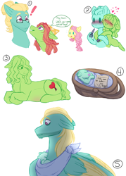 Size: 2500x3500 | Tagged: safe, artist:purplegrim40, derpibooru import, fluttershy, tree hugger, zephyr breeze, oc, pony, baby, baby pony, blushing, exclamation point, female, glasses, hug, male, mare, offspring, parent:tree hugger, parent:zephyr breeze, parents:zephyrhugger, pregnant, simple background, stallion, swaddling, white background