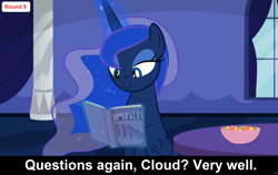 Size: 1920x1212 | Tagged: safe, artist:forgalorga, derpibooru import, edit, edited screencap, screencap, princess luna, alicorn, pony, comic:celestia's servant interview, bedroom eyes, book, bowl, candy, caption, cs captions, female, food, levitation, magic, magic aura, mare, reading, smiling, solo, telekinesis, text, two retired princesses, window