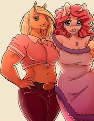 Size: 648x837 | Tagged: safe, alternate version, artist:unfinishedheckery, derpibooru import, applejack, pinkie pie, anthro, earth pony, bedroom eyes, breasts, close-up, clothes, digital art, dress, duo, duo female, female, hand on hip, hoers, looking at you, pants, shirt, simple background, tail, thighs