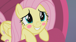 Size: 1920x1080 | Tagged: safe, derpibooru import, screencap, fluttershy, pegasus, pony, she's all yak, blushing, cute, daaaaaaaaaaaw, female, grin, shyabetes, smiling