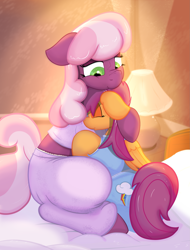 Size: 1639x2160 | Tagged: safe, artist:not_texmex, derpibooru exclusive, derpibooru import, cheerilee, scootaloo, earth pony, pegasus, pony, bed, bedroom, clothes, cuddling, cutie mark on clothes, hug, pajamas, platonic, platonic cuddling, scootalove