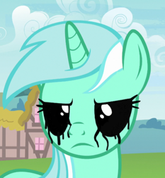 Size: 566x606 | Tagged: safe, derpibooru import, edit, edited screencap, screencap, lyra heartstrings, pony, unicorn, black sclera, cloud, creepy, creepypasta, female, mare, ponyville, solo