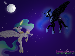 Size: 2256x1696 | Tagged: safe, artist:revenge.cats, derpibooru import, nightmare moon, princess celestia, alicorn, pony, angry, armor, fangs, fight, flying, magic, magic aura, moon, scowl, space, stars