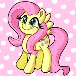 Size: 1500x1500 | Tagged: safe, artist:daisydewdles, derpibooru import, fluttershy, pegasus, pony, cute, daaaaaaaaaaaw, heart, heart background, obtrusive watermark, pink background, plushie, shyabetes, simple background, solo, watermark