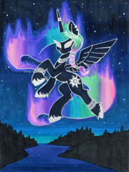 Size: 2682x3590 | Tagged: safe, artist:dandy, derpibooru import, princess celestia, alicorn, aurora borealis, ear piercing, flying, glowing, glowing eyes, horn, horn ring, jewelry, marker drawing, necklace, night, piercing, ring, solo, stars, traditional art, unshorn fetlocks, wings