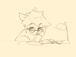 Size: 2732x2048 | Tagged: safe, artist:blue ink, derpibooru import, pony, book, glasses, lamp, monochrome, mouth hold, pencil, simple background, solo