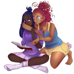 Size: 4000x4000 | Tagged: safe, artist:altarichiru, derpibooru import, pinkie pie, twilight sparkle, human, alternate hairstyle, barefoot, blushing, book, bracelet, clothes, dark skin, duo, eyeshadow, feet, female, glasses, hair bun, hug, humanized, jewelry, lesbian, makeup, nail polish, necklace, open mouth, reading, shipping, shirt, shorts, simple background, skirt, socks, stocking feet, tanktop, transparent background, twinkie