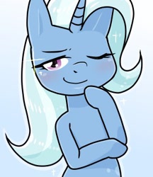 Size: 320x370 | Tagged: safe, artist:batipin, derpibooru import, trixie, pony, unicorn, hoof on chin, looking at you, one eye closed, smiling, solo