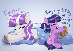 Size: 2205x1530 | Tagged: safe, artist:spoosha, derpibooru import, moondancer, twilight sparkle, twilight velvet, unicorn twilight, pony, unicorn, alternate hairstyle, badge, bag, bandaid, bandaid on nose, blanket, blushing, celestia's cutie mark, chest fluff, cute, cutie mark, daaaaaaaaaaaw, dated, duo, eyes closed, female, filly, filly twilight sparkle, foal, implied princess celestia, leg fluff, lying down, mare, mother and child, mother and daughter, one eye closed, open mouth, open smile, parent and child, pin, ponytail, saddle bag, signature, smiling, twiabetes, unshorn fetlocks, velvetbetes, younger