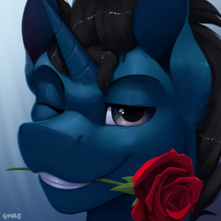 Size: 3000x3000 | Tagged: safe, artist:st4rs6, derpibooru import, oc, oc only, oc:slashing prices, pony, unicorn, bust, commission, cowlick, flower, flower in mouth, grin, high res, horn, looking at you, male, mouth hold, one eye closed, portrait, rose, smiling, solo, stallion, unicorn oc, watermark, wink, winking at you