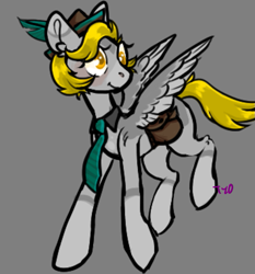 Size: 747x803 | Tagged: safe, artist:tyotheartist, derpibooru import, derpy hooves, pegasus, pony, alternate design, bag, colored pupils, derp, female, gray background, hat, mare, necktie, simple background, solo