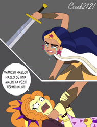 Size: 1280x1682 | Tagged: safe, artist:crock2121, derpibooru import, adagio dazzle, equestria girls, amazonian, comic, crossover, crying, dc comics, dc superhero girls, diana prince, duo, duo female, female, simple background, sword, this will end in death, weapon, wonder woman