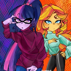 Size: 1024x1024 | Tagged: safe, artist:mufnhedmia, derpibooru import, sci-twi, sunset shimmer, twilight sparkle, equestria girls, female, hand on hip, looking at you, raised eyebrow