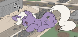 Size: 2356x1140 | Tagged: safe, artist:rapidstrike, derpibooru import, oc, oc:drawbridge, pony, unicorn, building, bus, car, drool, eyes closed, giant pony, horn, macro, male, onomatopoeia, open mouth, sleeping, snoring, sound effects, stallion, street, unicorn oc, vehicle, zzz