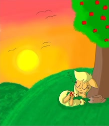 Size: 850x981 | Tagged: source needed, safe, artist:silver meadow, derpibooru import, applejack, earth pony, pony, female, sleeping, solo, sunset