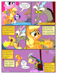 Size: 612x792 | Tagged: safe, derpibooru import, edit, edited screencap, screencap, applejack, discord, pinkie pie, rarity, draconequus, earth pony, pegasus, pony, unicorn, comic:friendship is dragons, comic, dialogue, element of generosity, element of honesty, element of laughter, female, freckles, frown, glowing hands, magic, male, mare, outdoors, screencap comic, sitting, smiling, smirk, telekinesis, throne