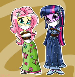 Size: 1022x1049 | Tagged: safe, artist:gaggeddude32, derpibooru import, fluttershy, twilight sparkle, human, equestria girls, arm behind back, bondage, bound and gagged, breasts, cloth gag, clothes, damsel in distress, dress, female, gag, gala dress, help, humanized, rope, sad, scared, skirt, standing, tanktop, terrified, tied up, worried