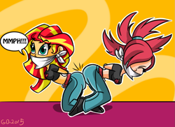 Size: 1157x843 | Tagged: safe, artist:gaggeddude32, derpibooru import, sunset shimmer, human, equestria girls, arm behind back, bondage, bound and gagged, butt bump, butt to butt, cloth gag, crossover, eyes closed, flannery, gag, midriff, muffled moaning, muffled words, pokémon, rope, rope bondage, surprised, tied up