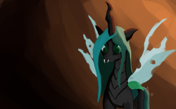 Size: 2265x1400 | Tagged: safe, artist:tazool, derpibooru import, queen chrysalis, changeling, canterlot wedding 10th anniversary, female, looking down, simple background, solo