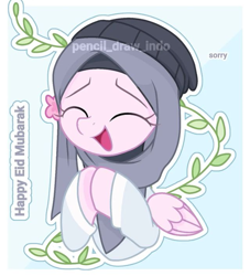 Size: 719x792 | Tagged: safe, artist:pencil_draw_indo, derpibooru import, oc, oc only, pegasus, pony, beanie, eyes closed, female, flower, flower in hair, happy, hat, hijab, indonesia, indonesian, islam, leaves, mare, open mouth, pegasus oc, ramadan, solo, sorry, watermark, wings