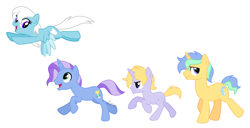 Size: 3900x2000 | Tagged: safe, artist:feather_bloom, derpibooru import, oc, oc only, oc:dusk breeze, oc:feather_bloom, oc:frost gale, oc:star stream, pegasus, pony, unicorn, family, flying, running, siblings, simple background, white background, wholesome