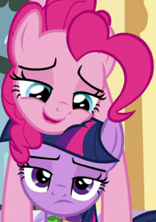 Size: 418x595 | Tagged: safe, derpibooru import, screencap, pinkie pie, twilight sparkle, twilight sparkle (alicorn), alicorn, earth pony, pony, spoiler:cakes for the memories, spoiler:mlp friendship is forever, cakes for the memories, cropped, duo, duo female, female, frown, lidded eyes, looking at you, lying down, lying on top of someone, mare, pinkie being pinkie, smiling, sugarcube corner, twilight sparkle is not amused, unamused