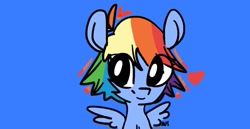 Size: 1980x1020 | Tagged: artist needed, source needed, safe, derpibooru import, rainbow dash, pegasus, pony, alternate hairstyle, blue background, heart, simple background, solo