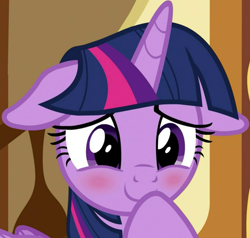 Size: 603x575 | Tagged: safe, derpibooru import, screencap, twilight sparkle, twilight sparkle (alicorn), alicorn, pony, spoiler:cakes for the memories, spoiler:mlp friendship is forever, adorkable, blushing, cakes for the memories, cropped, cute, dork, ears, embarrassed, female, floppy ears, hoof over mouth, mare, smiling, solo, sugarcube corner, twiabetes