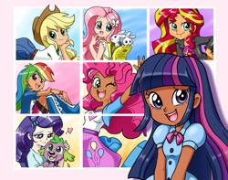 Size: 1024x805 | Tagged: safe, artist:chibi-jen-hen, color edit, derpibooru import, edit, editor:diameltzowo, applejack, fluttershy, pinkie pie, rainbow dash, rarity, spike, sunset shimmer, twilight sparkle, dog, rabbit, equestria girls, animal, colored, dark skin, group, human coloration, humane five, humane seven, humane six, one eye closed, skin color edit, spike the dog, wink