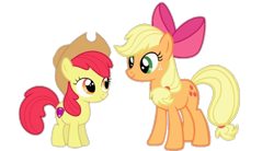 Size: 720x397 | Tagged: safe, artist:darlycatmake, derpibooru import, apple bloom, applejack, earth pony, pony, accessory swap, apple bloom's bow, apple sisters, applejack's hat, bow, clothes, cowboy hat, duo, duo female, female, hair bow, happy, hat, looking at each other, looking at someone, sibling bonding, siblings, simple background, sisters, smiling, smiling at each other, transparent background