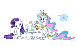 Size: 2000x1200 | Tagged: safe, artist:mellodillo, derpibooru import, princess celestia, rarity, alicorn, pony, unicorn, coffee, coffee cup, cup, cute, cutelestia, date, female, food, frappuccino, grin, hoof hold, lesbian, mare, rarilestia, shipping, simple background, sitting, smiling, speech bubble, stifling laughter, sugarcube, whipped cream, white background