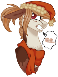 Size: 839x1121 | Tagged: safe, artist:moonert, derpibooru import, oc, oc only, earth pony, pony, christmas, clothes, ears, earth pony oc, female, floppy ears, freckles, hat, holiday, mare, santa hat, scarf, simple background, solo, transparent background, vulgar