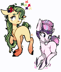 Size: 864x1012 | Tagged: safe, artist:ryrxian, derpibooru import, oc, oc only, earth pony, pony, duo, earth pony oc, flower, flower in hair, grin, raised hoof, raised leg, simple background, smiling, white background