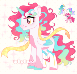 Size: 1785x1718 | Tagged: safe, artist:whohwo, derpibooru import, pinkie pie, princess celestia, alicorn, pony, base used, colored wings, ear fluff, ears, fusion, makeup, male, smiling, stallion, two toned wings, wings