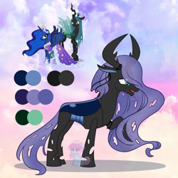 Size: 1280x1280 | Tagged: safe, artist:shiee-artopia223, derpibooru import, princess luna, queen chrysalis, alicorn, changeling, changeling queen, pony, antlers, base used, blue changeling, clothes, dress, female, fusion, mare