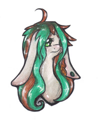 Size: 1024x1309 | Tagged: safe, artist:hippykat13, artist:sabokat, derpibooru import, oc, oc only, donkey, hybrid, mule, bust, donkey oc, green eyes, long ears, old art, portrait, sad, solo, torn ear, traditional art