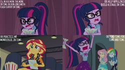 Size: 1280x720 | Tagged: safe, derpibooru import, edit, edited screencap, editor:quoterific, screencap, fluttershy, rainbow dash, sci-twi, sunset shimmer, twilight sparkle, better together, equestria girls, stressed in show, bowtie, clothes, cutie mark on clothes, eyes closed, female, food, geode of empathy, geode of fauna, geode of super speed, geode of telekinesis, glasses, hairpin, hoodie, jewelry, leather vest, magical geodes, necklace, open mouth, pencil, ponytail, popcorn, text, vest