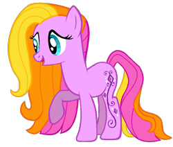 Size: 906x767 | Tagged: safe, artist:shokka-chan, derpibooru import, earth pony, pony, g3, g4, adoragrace, blue eyes, g3 to g4, generation leap, long mane, long tail, orange mane, pink coat, pink mane, redesign, simple background, solo, swirls, tail, transparent background, yellow mane