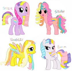 Size: 1120x1105 | Tagged: safe, artist:shokka-chan, derpibooru import, earth pony, pegasus, pony, unicorn, g1, g4, bow, colored wings, eyeshadow, g1 to g4, generation leap, happy, long mane, makeup, multicolored hair, multicolored wings, rainbow, rainbow curl pony, rainbow hair, raincurl, ringlet (g1 rainbow curl), ringlets, simple background, streak, stripes (g1), tail, tail bow, transparent background, wings