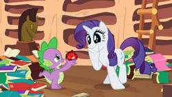 Size: 1280x720 | Tagged: safe, derpibooru import, screencap, rarity, spike, dragon, pony, unicorn, season 2, secret of my excess, book, cute, dilated pupils, duo, female, fire ruby, gem, golden oaks library, male, mare, raribetes, ruby, shipping fuel, smiling