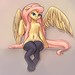 Size: 2000x2000 | Tagged: safe, artist:falses, derpibooru import, fluttershy, pegasus, semi-anthro, belly button, clothes, crossed legs, cute, digital art, ears, eyes open, female, floppy ears, folded wings, gradient background, legs, legs together, legwear, looking at you, mare, shading, shyabetes, sitting, sketch, socks, solo, spread wings, stockings, thigh highs, thighs, thunder thighs, underhoof, wings