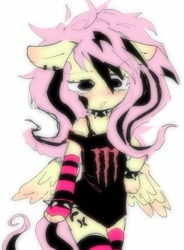 Size: 440x597 | Tagged: safe, artist:knwives, derpibooru import, fluttershy, pegasus, semi-anthro, alternate cutie mark, arm warmers, blushing, choker, clothes, cute, ear piercing, emo, emoshy, female, monster energy, piercing, shyabetes, simple background, socks, solo, spiked choker, spiked wristband, stockings, striped socks, thigh highs, two toned mane, white background, wristband