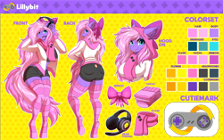 Size: 4000x2514 | Tagged: safe, artist:ask-colorsound, derpibooru import, oc, oc only, oc:lillybit, anthro, unguligrade anthro, adorkable, ass, bow, butt, clothes, cute, cutie mark, dork, excited, gaming headphones, gaming headset, headphones, headset, microphone, reference, reference sheet, ribbon, scarf, smiling, socks, striped socks